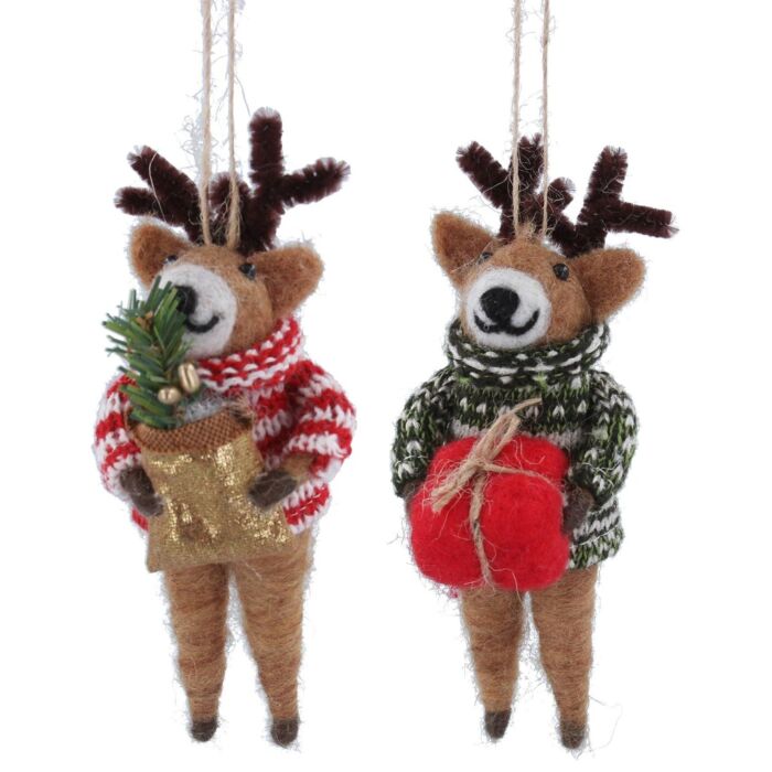 Gisela Graham Set of Two Reindeer in Jumpers Christmas Tree Decorations